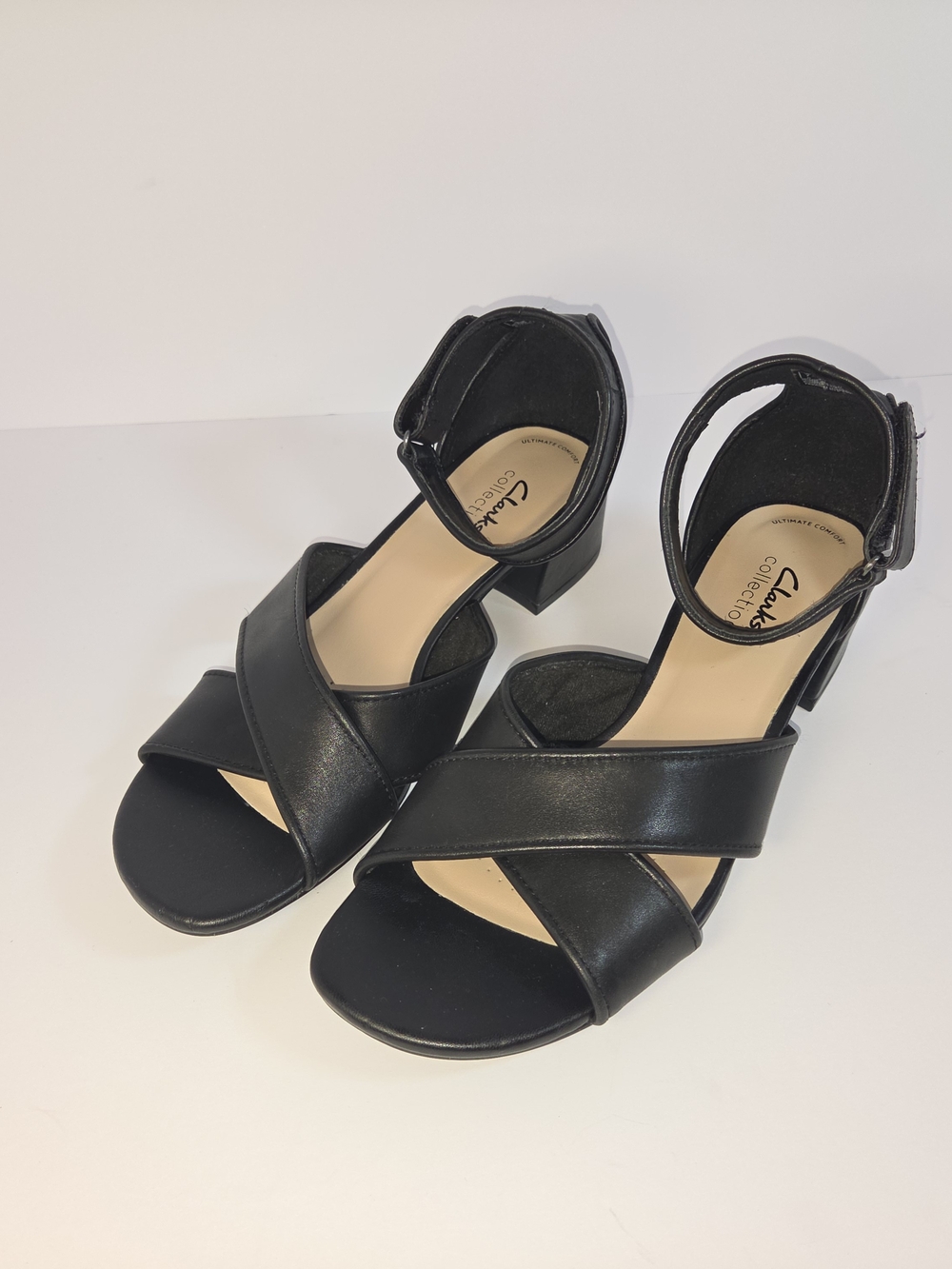 Clarks Black Leather Crisscross Ankle Strap Sandals With Block Heel Size 9.5